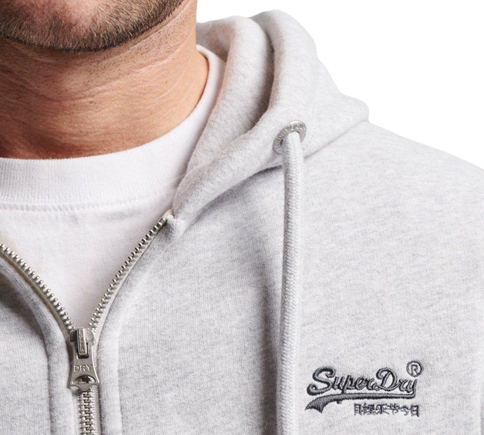 Superdry Sweat à capuche zippé avec logo brodé vintage pour hommes Gris Chiné UK S-2XL