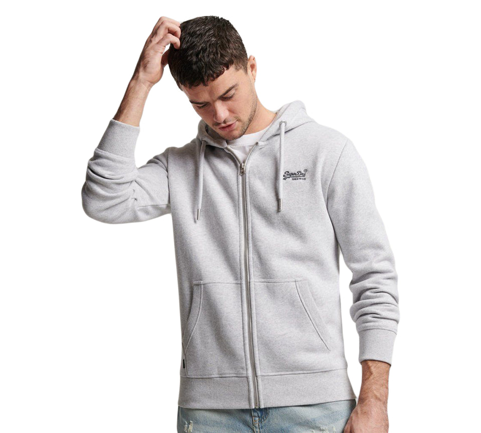 Superdry Sweat à capuche zippé avec logo brodé vintage pour hommes Gris Chiné UK S-2XL