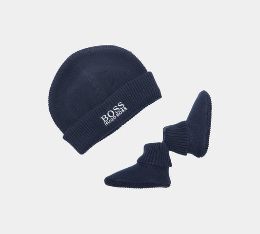 Hugo Boss Baby Knit Accessories Gift Set J9830A849 Beani Hat/Booties Navy Blue UK 1-6 Months Old