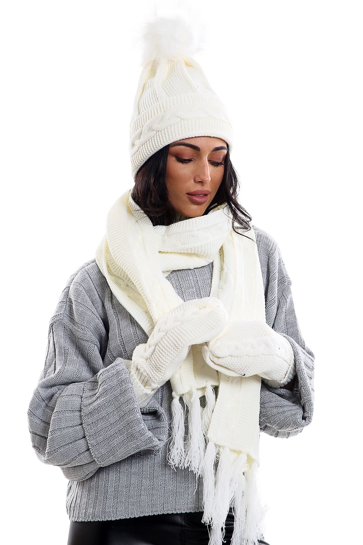 Ladies LHTSF171 Wooly Thick Knitted Hat Scarf & Mitten Set - CREAM