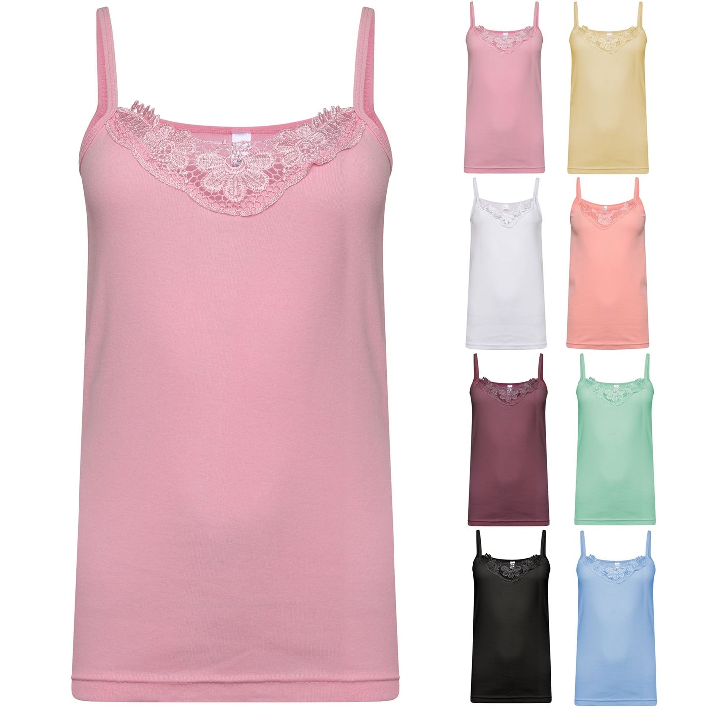 Ladies Plain Cotton Vest Top Lace Trim Neck Design Cami Tank Strappy Camisole