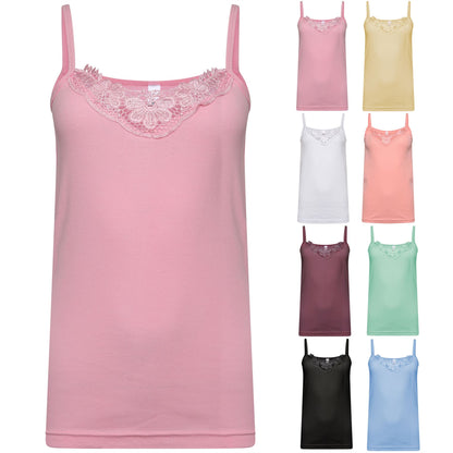 Ladies Plain Cotton Vest Top Lace Trim Neck Design Cami Tank Strappy Camisole