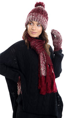 Womens LHTSF172 Wooly Thick knitted Hat, Scarf and Glove set -  Red & Grey