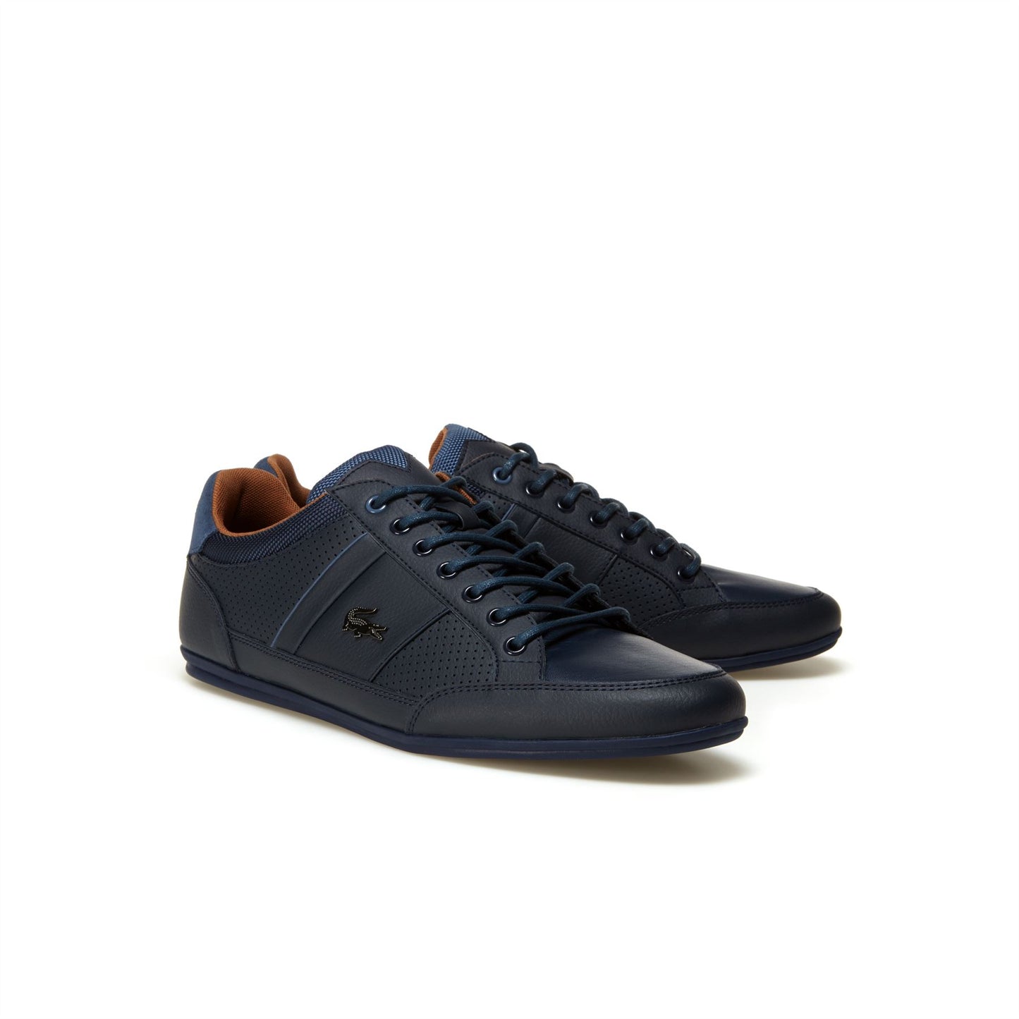 LACOSTE CHAYMON LEATHER TRAINERS NAVY/TAN