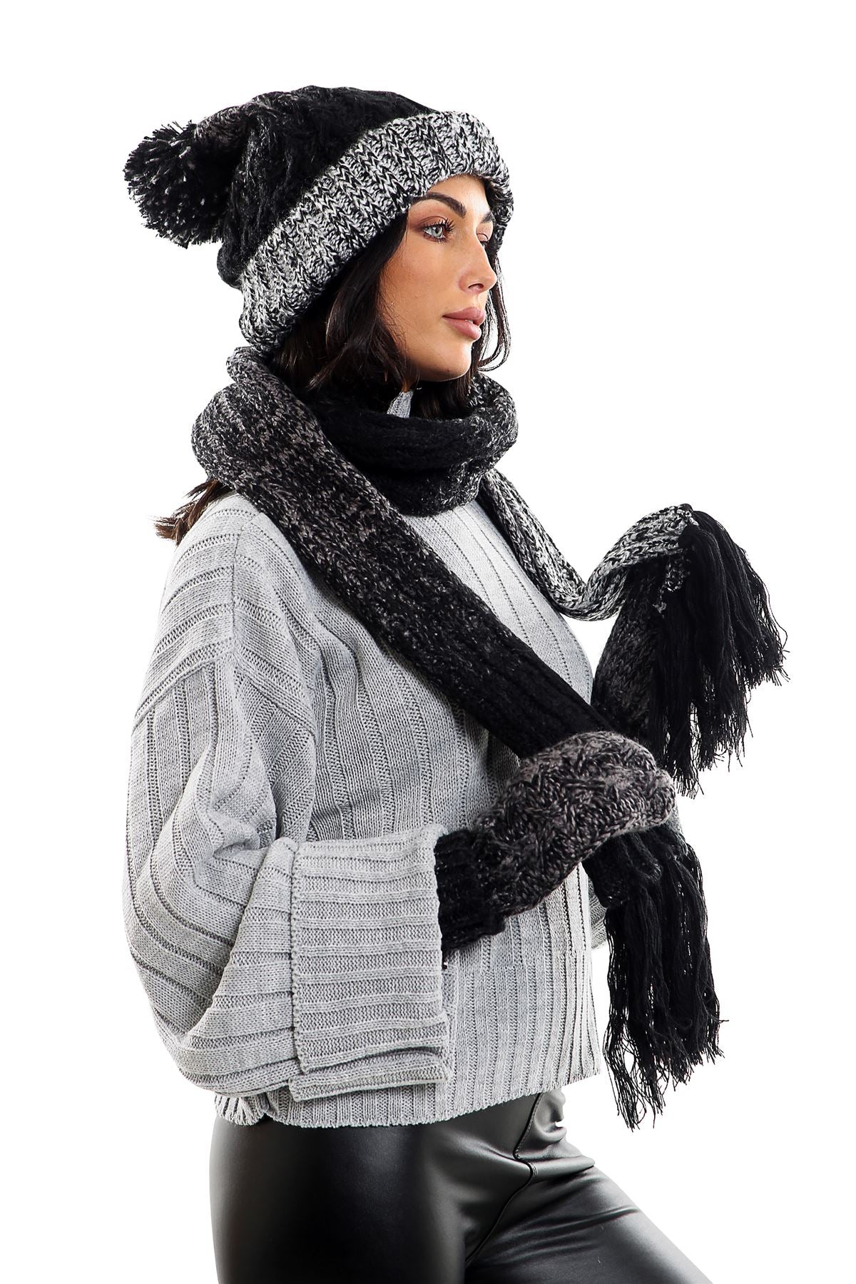 Womens LHTSF172 Wooly Thick knitted Hat, Scarf and Glove set -  Black & Grey