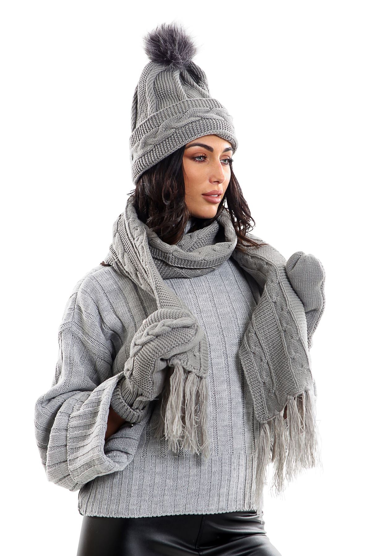 Ladies LHTSF171 Wooly Thick Knitted Hat Scarf & Mitten Set - GREY