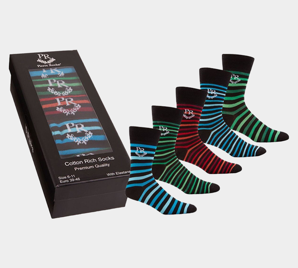 Pierre Roche Cotton Rich Stripe Socks 5 Packs Gift Box 40B451 Stripped (Premium Quality)