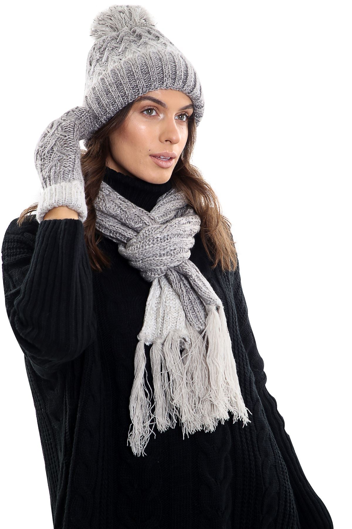 Womens LHTSF172 Wooly Thick knitted Hat, Scarf and Glove set -  Grey & White