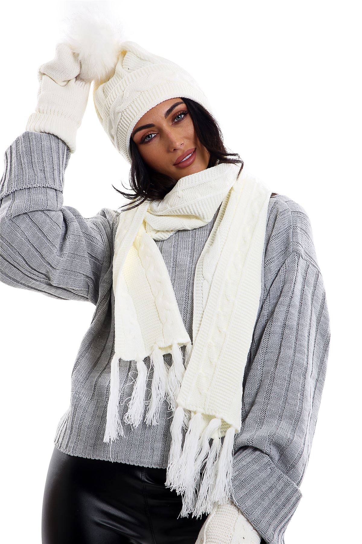 Ladies LHTSF171 Wooly Thick Knitted Hat Scarf & Mitten Set - CREAM