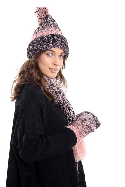 Womens LHTSF172 Wooly Thick knitted Hat, Scarf and Glove set -  Pink & Black