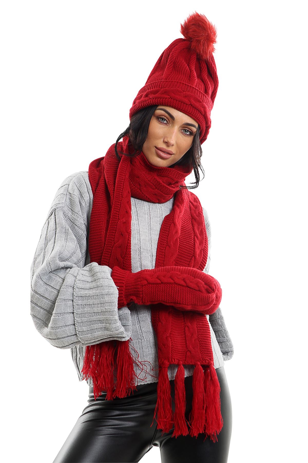 Ladies LHTSF171 Wooly Thick Knitted Hat Scarf & Mitten Set - WINE