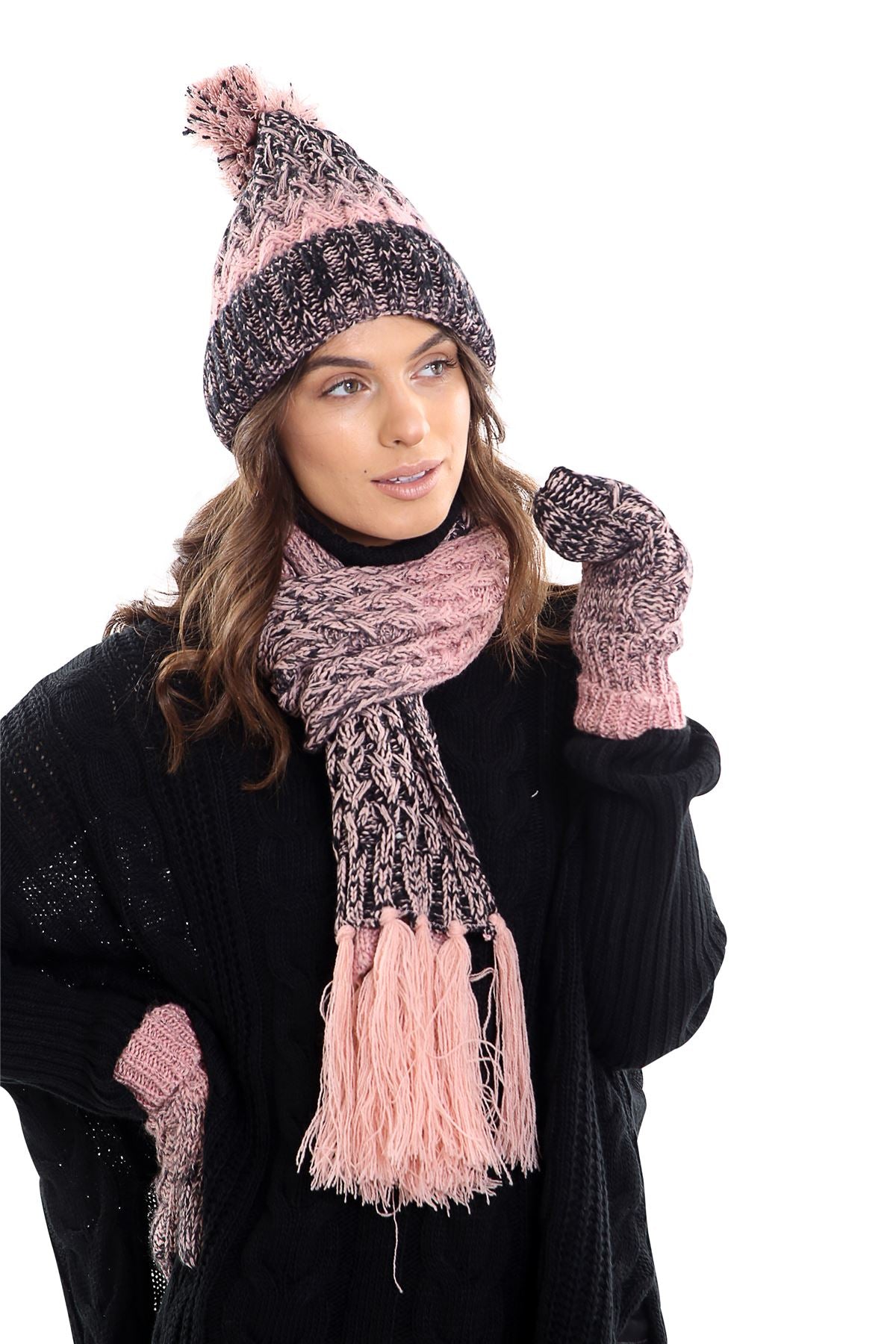 Womens LHTSF172 Wooly Thick knitted Hat, Scarf and Glove set -  Pink & Black