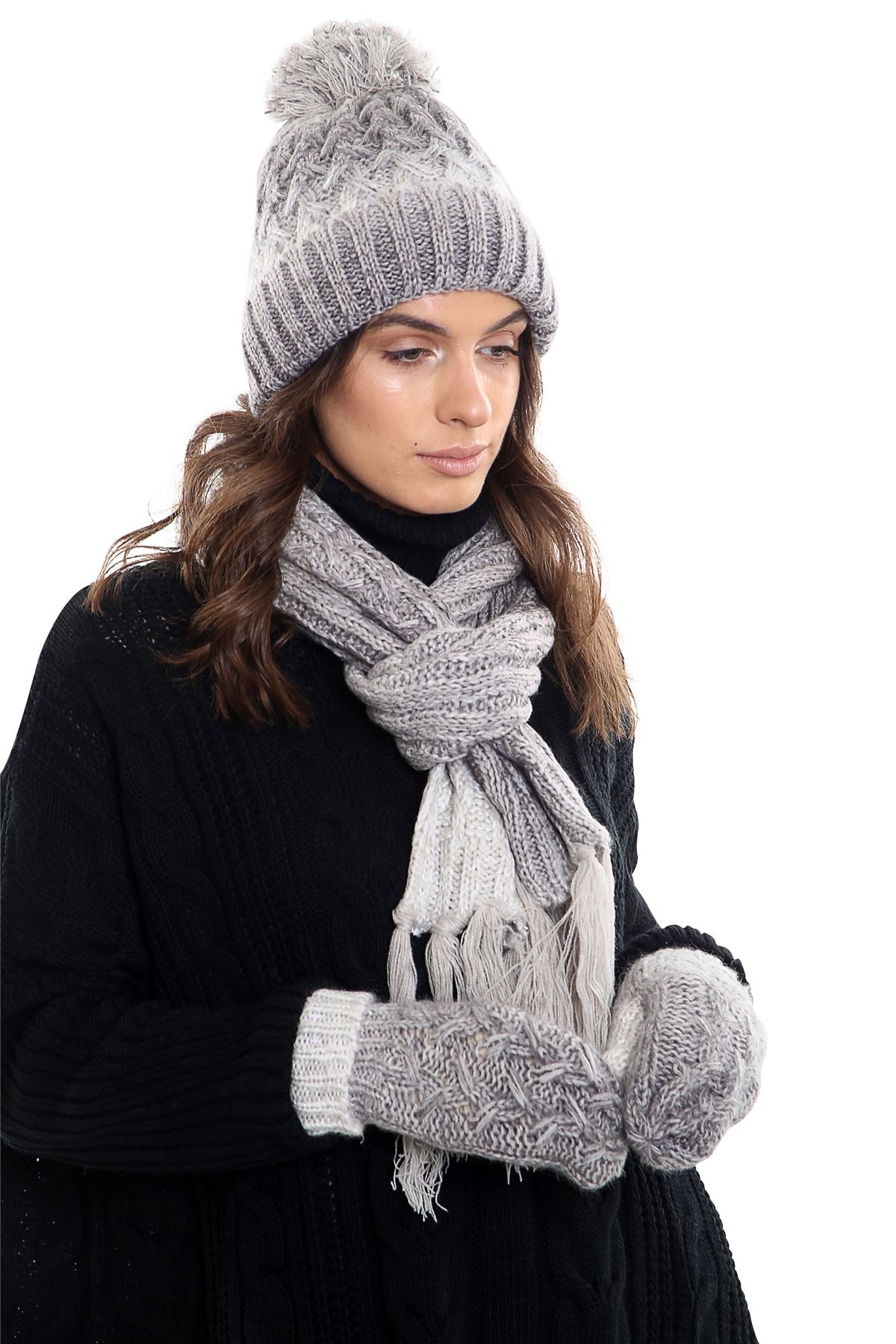 Womens LHTSF172 Wooly Thick knitted Hat, Scarf and Glove set -  Grey & White