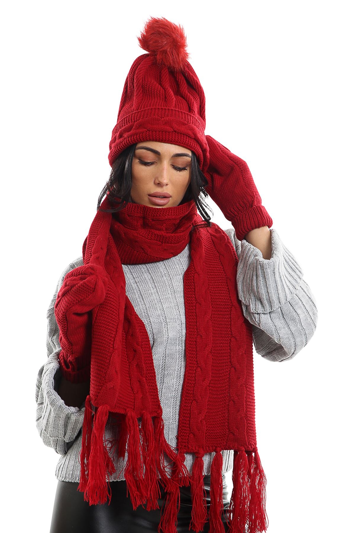 Ladies LHTSF171 Wooly Thick Knitted Hat Scarf & Mitten Set - WINE