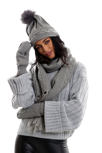 Ladies LHTSF171 Wooly Thick Knitted Hat Scarf & Mitten Set - GREY