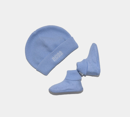 Hugo Boss Baby Knit Accessories Gift Set J9830A771 Beani Hat/Booties Blue UK 1-6 Months Old